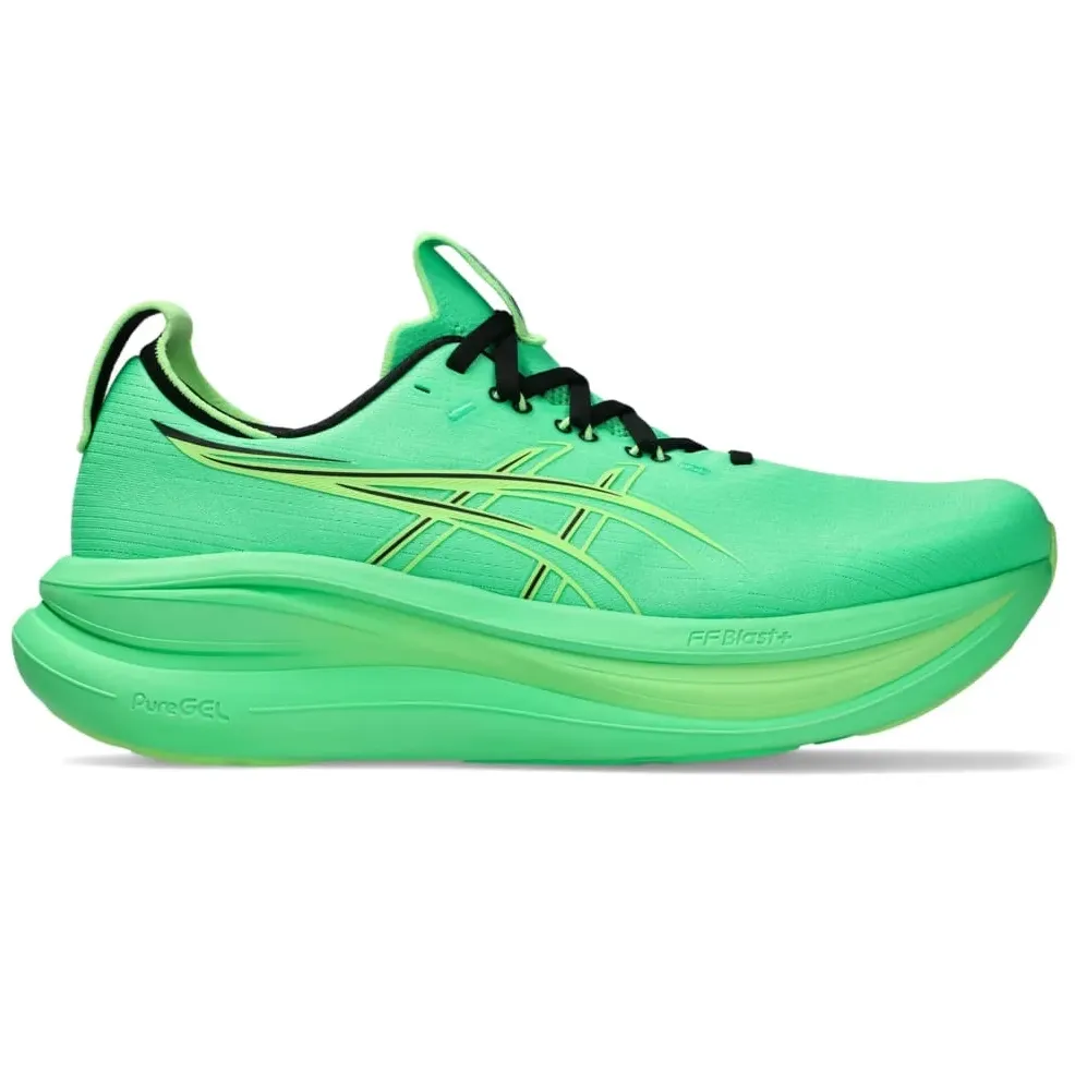 Tênis de corrida masculino verde Asics Gel-Nimbus 28 em fundo branco, vista frontal mostrando design e amortecimento